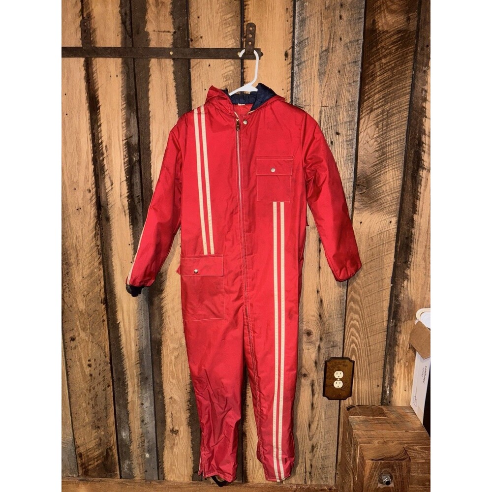 Red Kids Insulated Hooded Ski Suit Size 14 Vintage